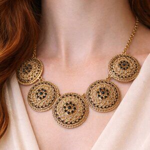 Gold Filigree Medallion Statement Necklace w/ Black Accents | Bold Boho Glam